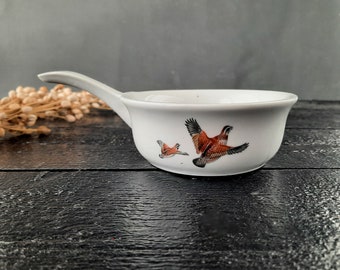 White Porcelain Open Butter Sauce from Porcelaine de Paris, Cocotte Egg Poacher Cup decorated with  Pheasants, Made in France