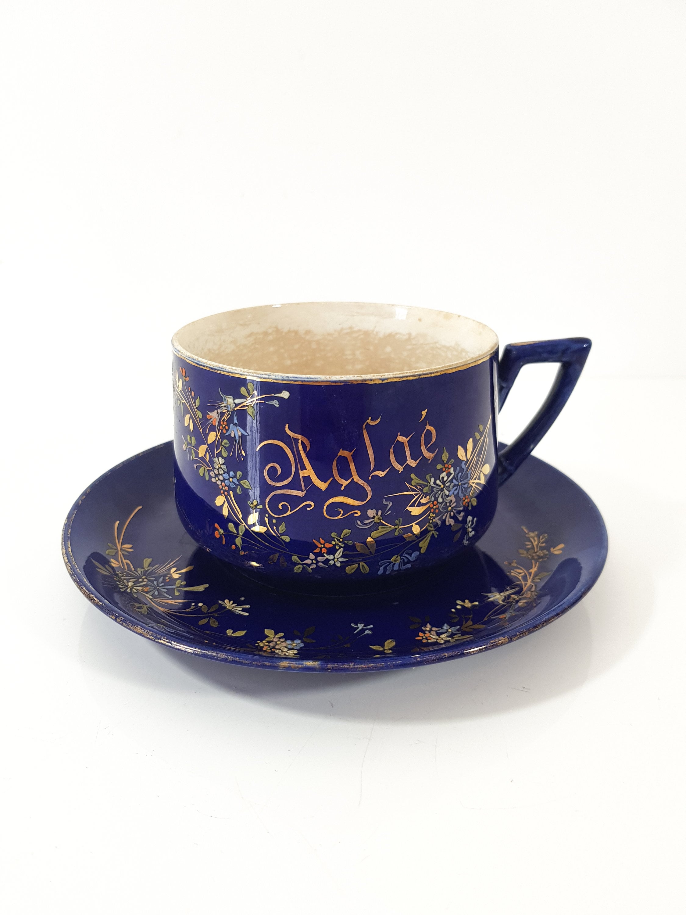 Grande et Rare Blue Cobalt Morning Cup avec Nom Aglaé, Chocolate Soucoupe Vintage Français