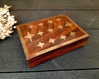 French Wooden Box with Brass Inlay, Vintage Wooden Jewelry Box for Storage