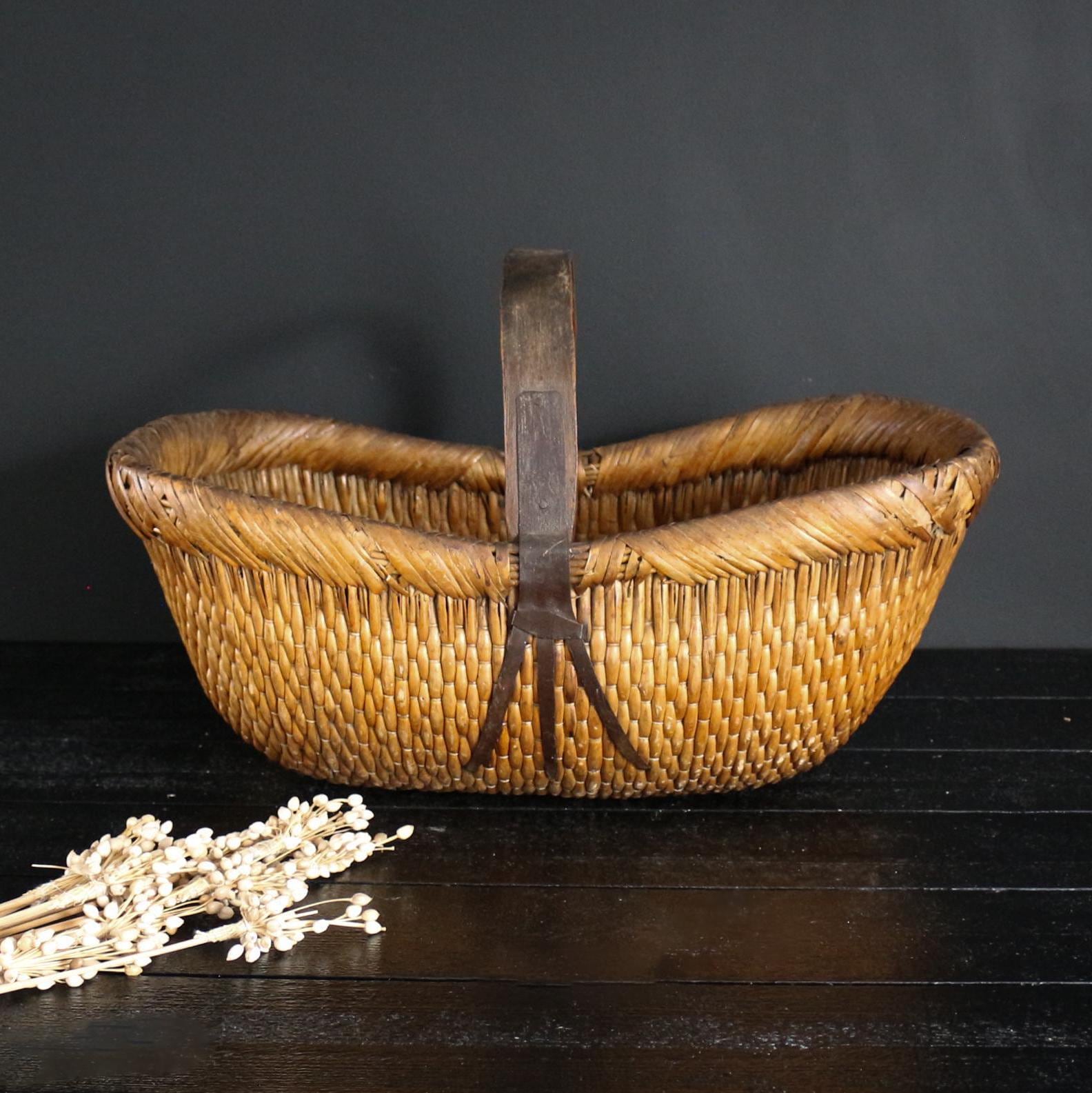 Vintage Chinese Woven Willow Basket, Primitive Rustic Storage