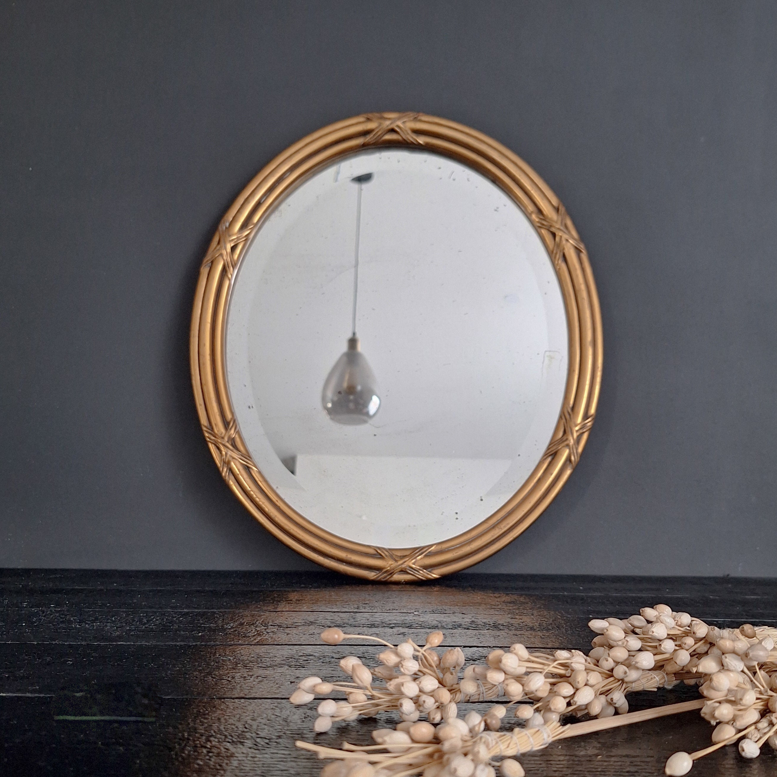 Grand Miroir Ovale Doré Biseauté Vintage - Parfait Pour Salle De Bain (Lot B)