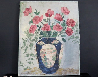 Florale Eleganz in blauer Vase, großes Vintage Ölgemälde auf Leinwand, signiertes Kunstwerk, Original Stillleben-Ölgemälde Blumen auf einer Vase