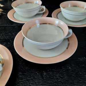 Pink Cups and Saucers from Limoges China, White Porcelaine Vintage Pink Coffee Cup Set