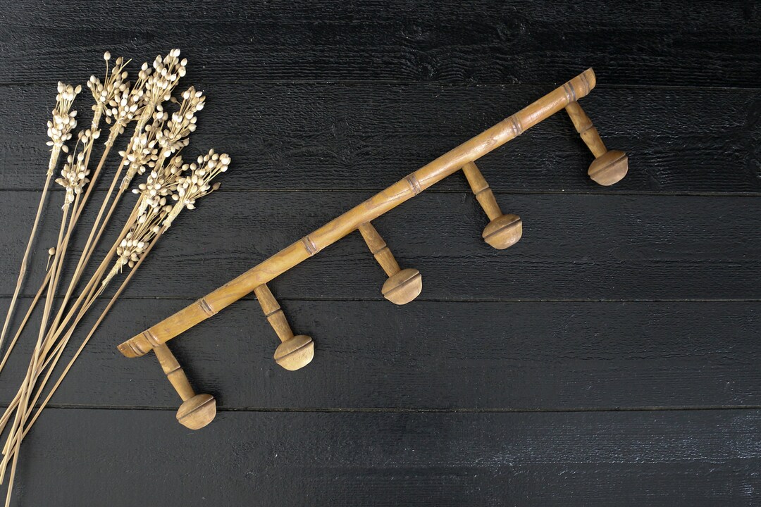 French Antique Faux Bamboo Wooden Coat Rack 5 Pegs, 26