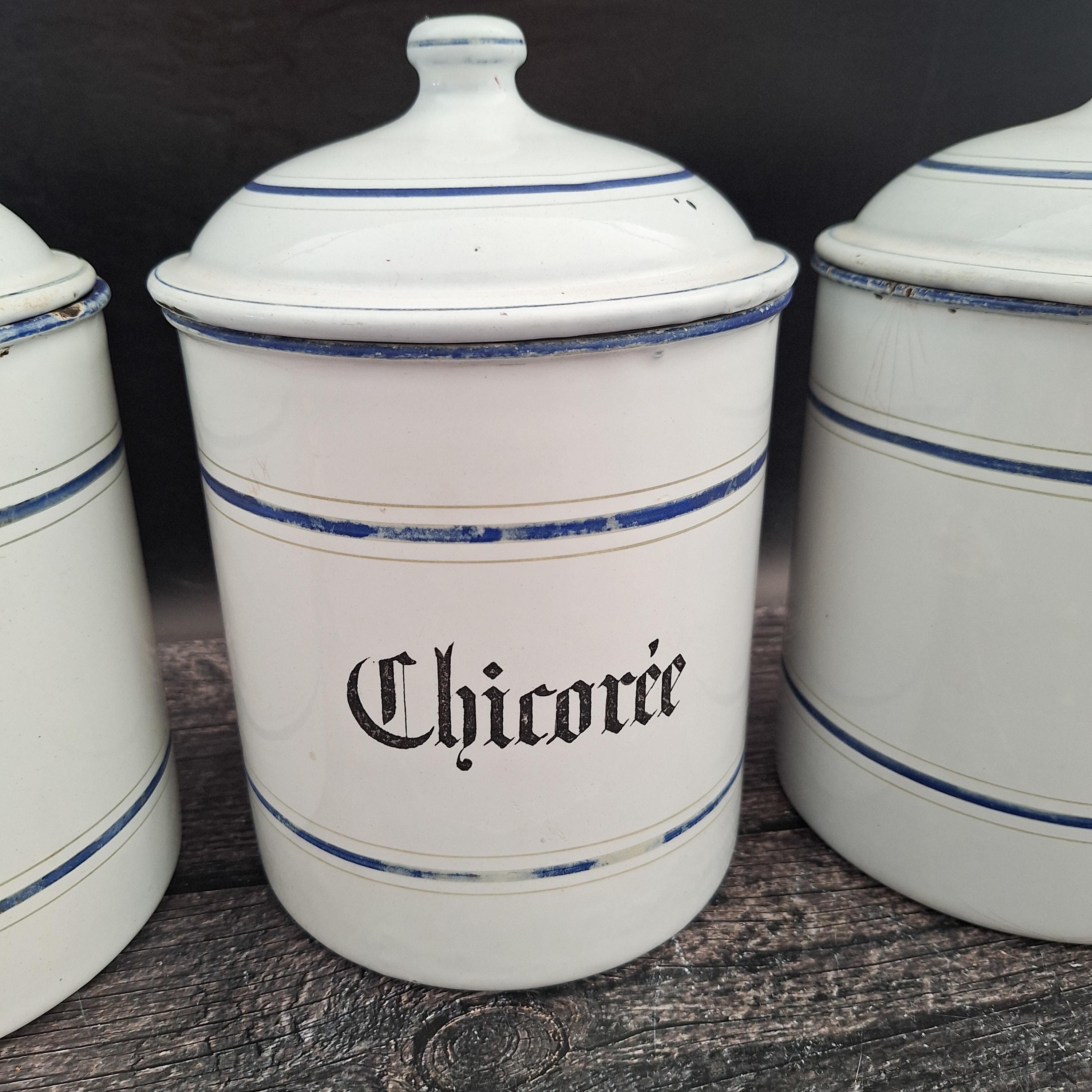 Vintage French Enamel Canister, White Blue Kitchen Storage Jar