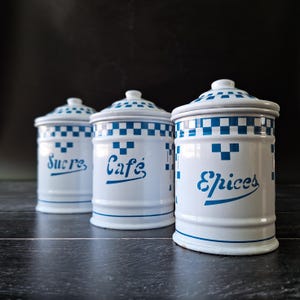 Set of 3 Antique Blue Enamel Damier Lustucru Canister Enamel Pot with Lid, 1930s Art Deco Damier Blue, French Farmhouse Kitchen,