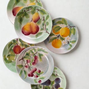 May include: A set of five round ceramic plates featuring embossed textures and hand-painted fruit illustrations. Each plate displays different botanical motifs including pears, oranges with white blossoms, cherries, and dark purple plums on branches.