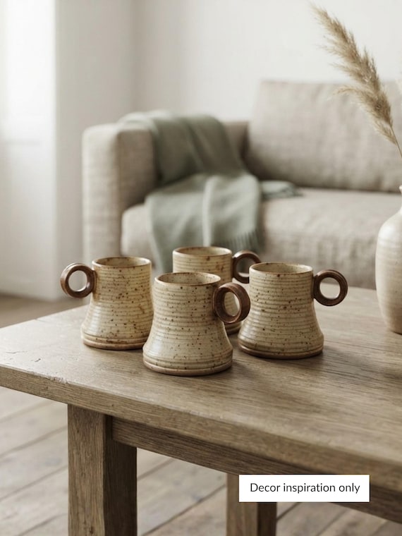 Vintage French Stoneware Mug Set, 1960s Studio Pottery with Sculptural Loop Handles, Rustic Mid Century French Ceramics