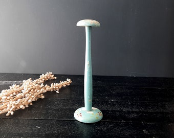 Antique French Turquoise with Flowers Wooden Hat Stand, Turned Wood Hat Form, Vintage Shop Display, Womens Hat Stand, Hat Holder Blue