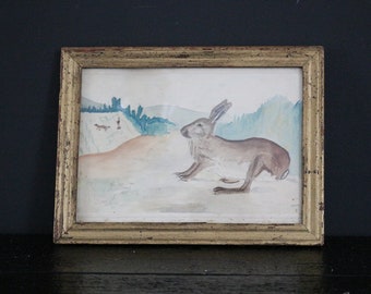 Vintage kleiner Hase Aquarell mit vergoldetem Holzrahmen, Original Kunst Handmalerei