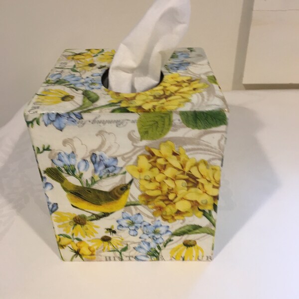 Blue yellow birds flowers botanical tissue box cover
