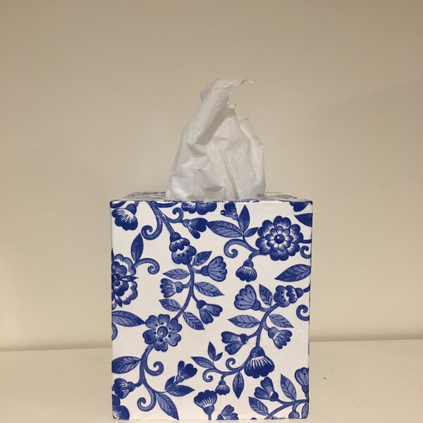 Tissue box cover, floral, blue, white, damask