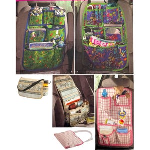 May include: A collection of car seat organizers featuring various patterns and colors. The organizers include multiple pockets for storage, with some shown attached to the back of car seats and others shown as folded or portable bags with straps.