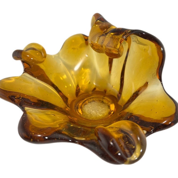 Vintage Mid Century Murano ART GLASS ASHTRAY Amber Wave Flower Hand Blown