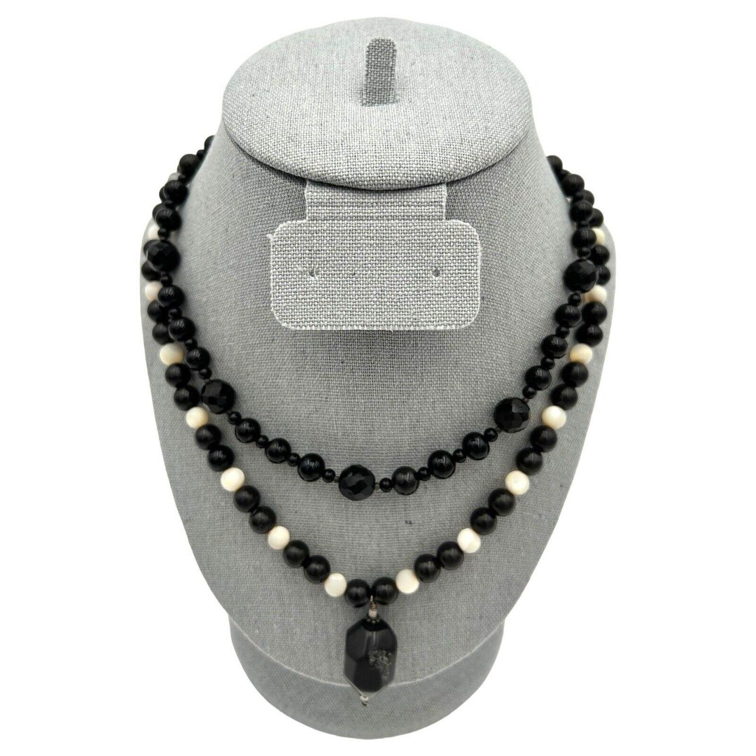 Vintage Double Strand Necklace Beaded Black Glass Onyx Statement Mother