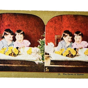 Antique Keystone Stereograph Stereoview Card DAWN OF EASTER Babies & Chicks