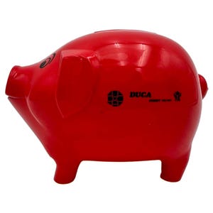 Vintage jaren 1960 Oy Mk-Tuote Ab Duca Credit Union Promo spaarvarken rood hard plastic