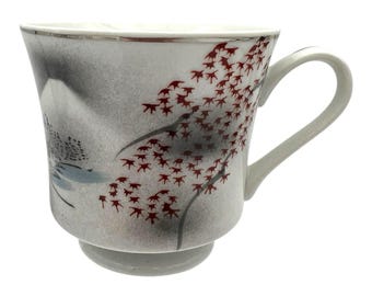 VTG 1960s Hayasi Kutani Japan Footed TEA CUP Red Maple Leaves Mt Fuji Scenic
