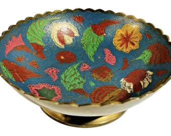 Vintage Made In India Decorative Brass Pedestal Bowl Hand Painted Floral Motif