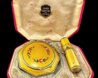 VTG 1930s Finberg Mfg Co FMCO Guilloché Tango Case Powder Rouge Compact Lipstick