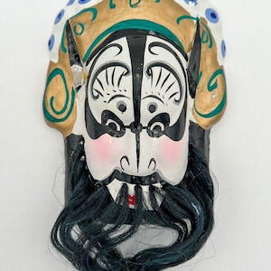 Vintage 1960er Jahre Chinese Oper Wuxi Huishan Ton Figur Miniatur Maske Schwarzer Bart