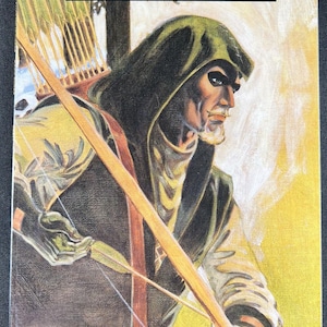 Könnte beinhalten: Comic-Cover von Green Arrow mit einer Nahaufnahme von Green Arrow, der mit Pfeil und Bogen zielt. Der Covertext lautet "Mike Grell Green Arrow The Longbow Hunters Book Three: Tracking Snow".