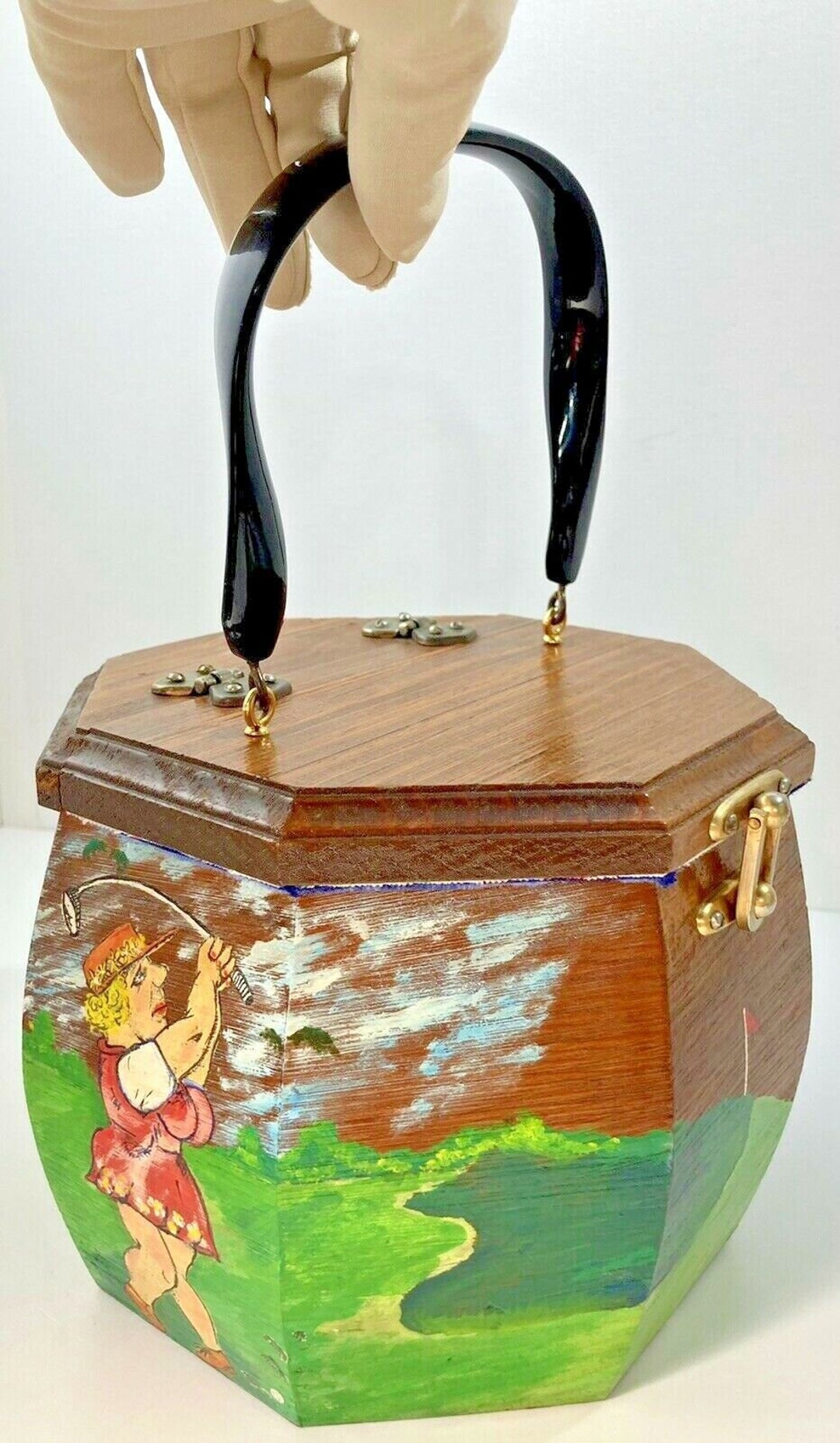 Vintage 1976 Octagonal Wood Panel Box Purse Hand Painted by Etsy