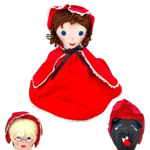 Vintage Handmade Topsy Turvy Doll Little Red Riding Hood Wolf Grandma 3-Face