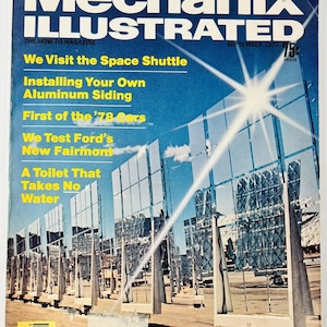May include: A vintage September 1977 issue of Mechanix Illustrated magazine. The cover features a bright sunburst over a field of large solar mirrors. Text includes Do Diesel Cars Really Make Sense?, We Visit the Space Shuttle, and Solar Mirrors.