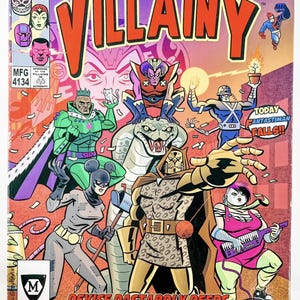 Puede incluir: Una portada de cómic de "Villainy" presenta un grupo de villanos ilustrados. El título está en letras grandes de color naranja. La portada incluye el texto "Devise Dastardly Deeds" y "Today Fantastiman Falls!!". La paleta de colores incluye morado, naranja, verde y marrón.