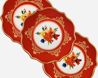 Pioneer Woman Steingut-Dessertteller-Set, 3-teilig, Winterbouquet, floral, roter Rand