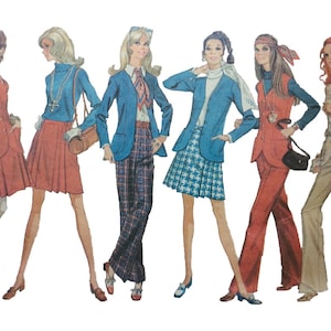 May include: Illustration of six figures in vintage fashion. The figures are wearing outfits in various colors, including red, blue, and tan. The outfits include blazers, skirts, pants, and suits. The image has a retro aesthetic.