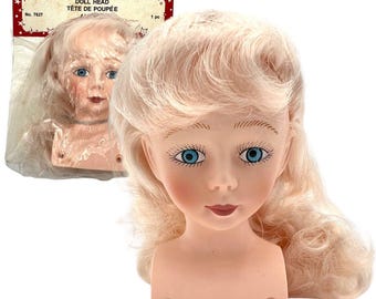 VTG NOS 1990s Fibre-Craft Plastic Doll Head Breast Plate 7627 Blonde Blue Eyes