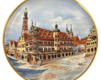 Plato antiguo de porcelana alemana Arzberg pintado a mano, 1930-47, Rothenburg Markplatz