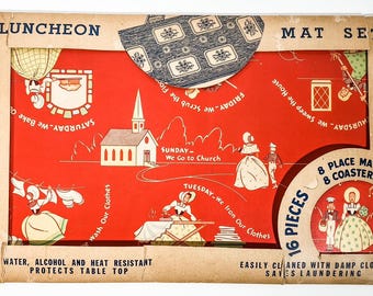 Vintage 1930s Ephemera Luncheon Mat Set Weekly Tasks Motif