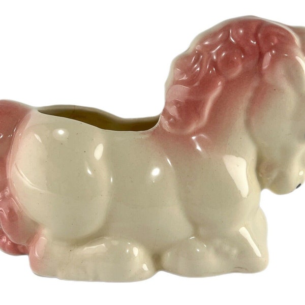 VTG MCM Kitsch American Bisque Pottery Reclining Horse Planter Pink & White