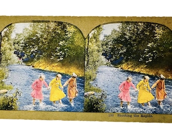 Antyczna karta stereograficzna Stereoview STRZELANIE DO SZYB 150 dziewcząt Wading Creek