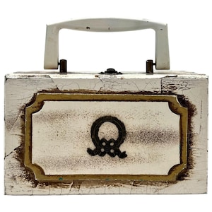 VTG 1970-tals handgjord decoupaged lådaväska handväska nött trähandtag 20 cm