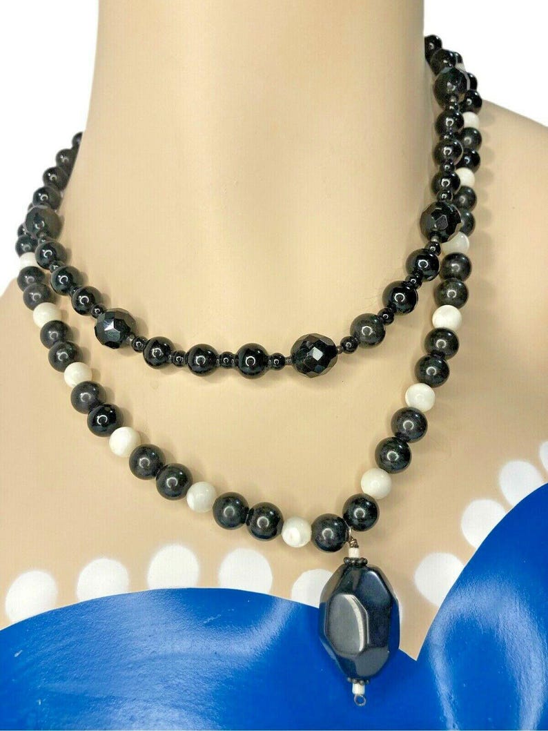 Vintage Double Strand Necklace Beaded Black Glass Onyx Statement Mother