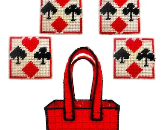 Handmade PLAYING CARDS Canvas Needlepoint Coaster Set Hearts Spades Diamonds Clu