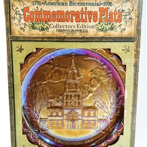Vintage Indiana Glass Commemorative Plate Gold Carnival Glass Independence Hall
