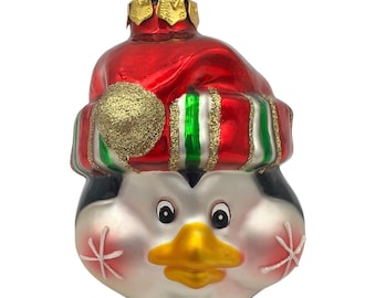 Pingüino de cristal soplado de estilo antiguo con gorro rojo, adorno navideño con purpurina