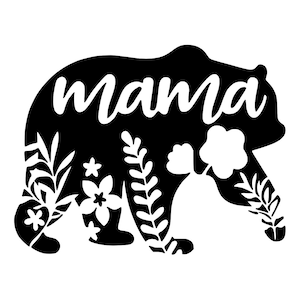 K&ouml;nnte beinhalten: Schwarze Silhouette eines B&auml;ren mit dem Wort "mama" im Inneren. Der B&auml;r ist mit wei&szlig;en floralen Designs verziert.