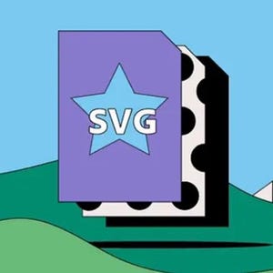 K&ouml;nnte beinhalten: Ein lila und blaues Grafikdesign mit einem Stern und dem Text "SVG" vor einem Hintergrund aus gr&uuml;nen H&uuml;geln, einem schwarz-wei&szlig; gestreiften H&uuml;gel und einer gelben Sonne.