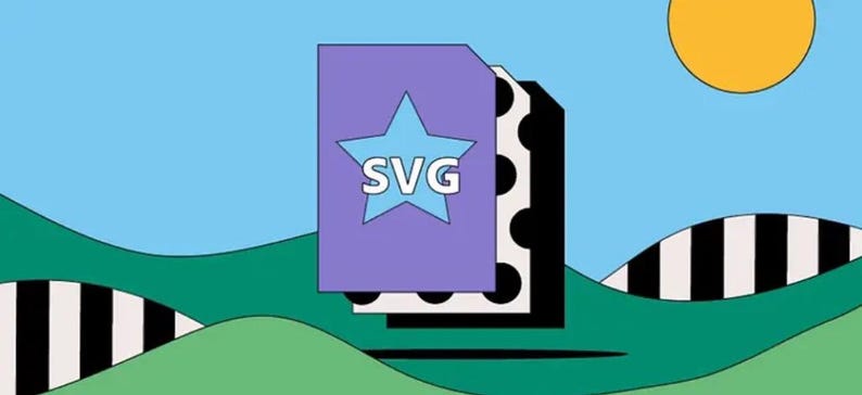 K&ouml;nnte beinhalten: Ein lila und blaues Grafikdesign mit einem Stern und dem Text "SVG" vor einem Hintergrund aus gr&uuml;nen H&uuml;geln, einem schwarz-wei&szlig; gestreiften H&uuml;gel und einer gelben Sonne.