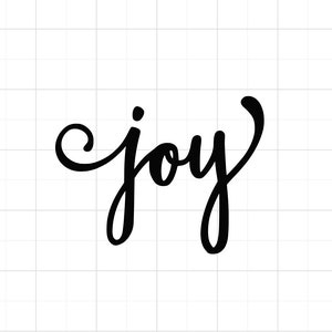 May include: Black and white handwritten calligraphy of the word "joy" on a white background with a grid pattern.