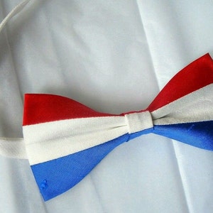 May include: A red, white, and blue bow tie. The bow tie is made of satin and has a classic shape.