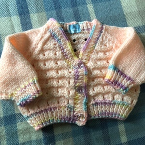 Scottish Peach Rainbow Hand Knitted Baby Cardigan 0-3 months size