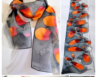 Silk scarf, Handmade, unique, silk accessories, gift idea, Beautiful modern scarf, gift for her, 100% silk