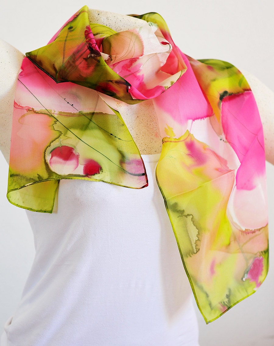 Silk scarf, Handmade, unique, silk accessories, gift idea, Beautiful modern scarf, gift for her, 100% silk